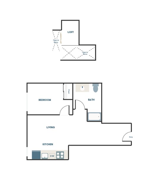 A floor plan of a house with a kitchen, living room, bedroom and bathroom.